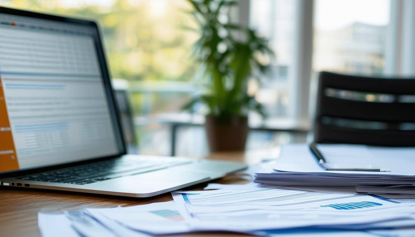 A laptop and documents spread on a desk during a friendly consultation between an insurance agent and a client in a bright office setting.