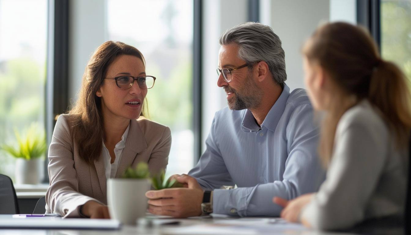 Insurance agent discussing Health Care Sharing Ministries benefits with a client in a professional setting.