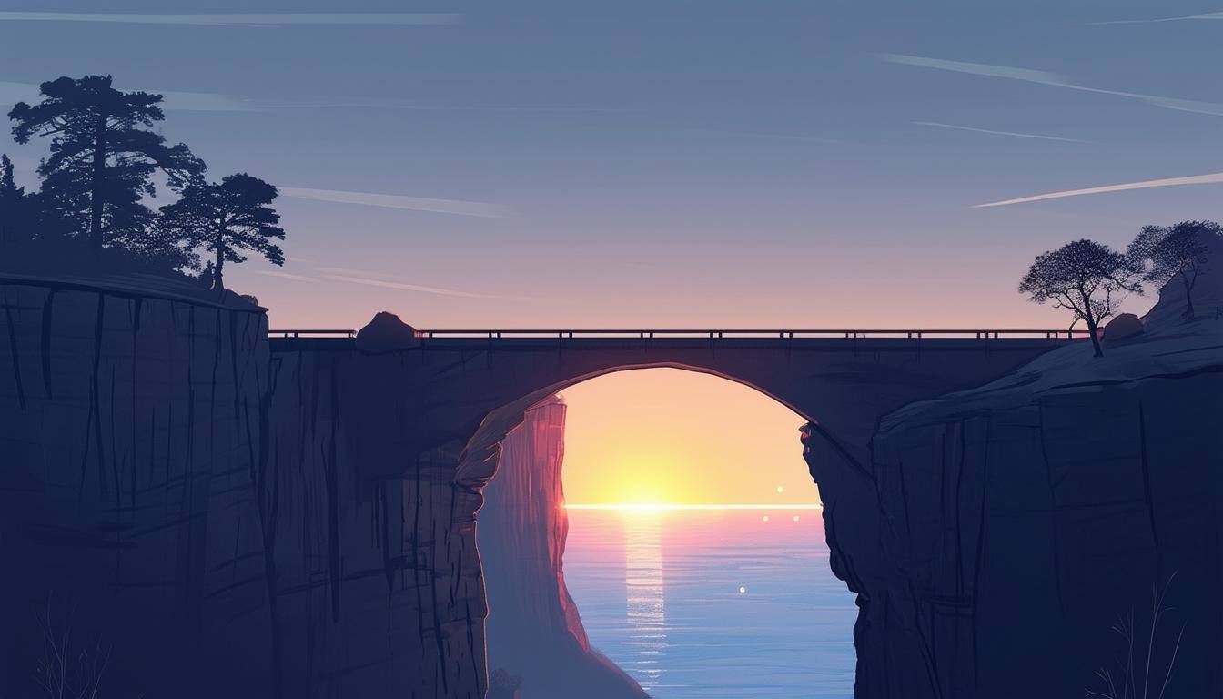 bridge, connecting cliffs, glowing horizon, symbolic gap, health care sharing, bridging needs, faith-inspired solutions